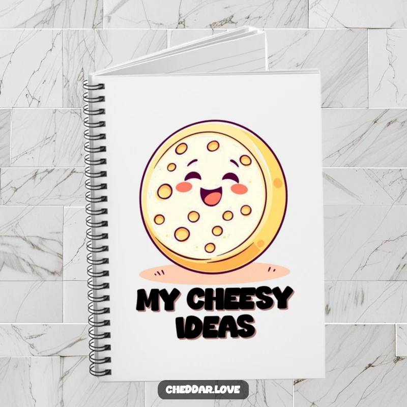 Funny happy cheese wheel rolling downhill with pure delight, perfect for a humorous notebook for food enthusiasts.