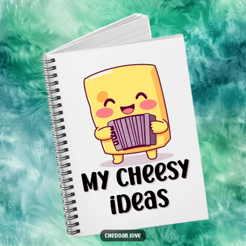 Funny cheese notebook showing a smiling cheddar cheese playing an accordion, great for music notes or journaling.