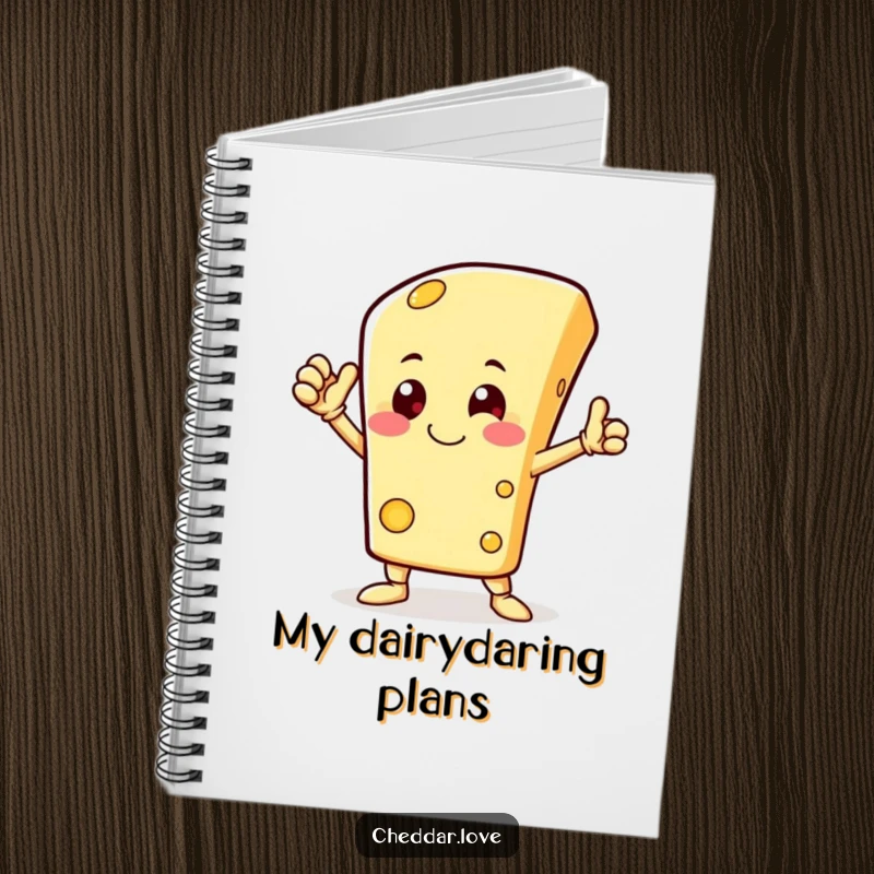 Funny notebook featuring a happy cheese character striking a heroic pose, inspiring notes and comical heroism.