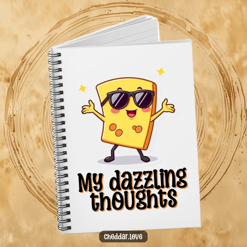 Funny notebook with a slice of cheese in sunglasses doing a disco pose, perfect for jotting down ideas with flair.