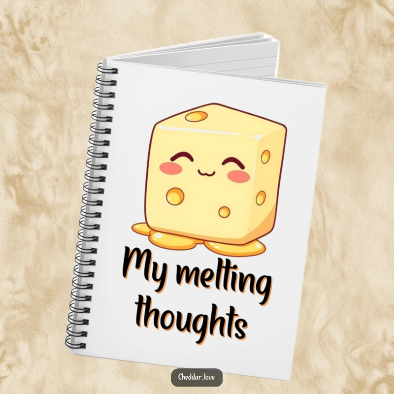 Funny block of cheese with eyes closed, happily melting, on a humorous cheese notebook, ideal for writing.