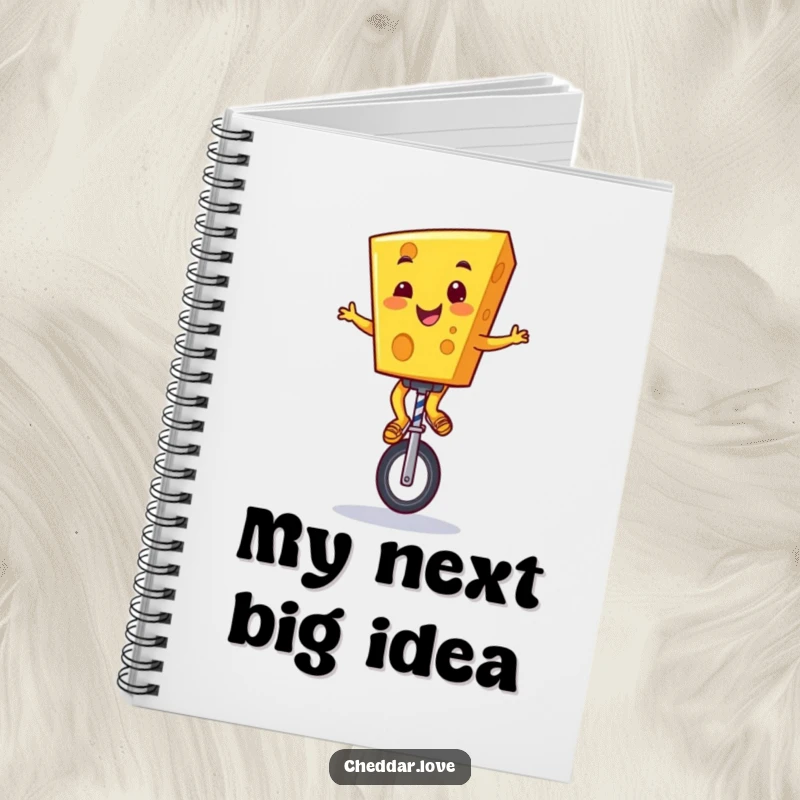 Funny Cheddar Cheese Notebook: A grinning cartoon cheese character balancing on a unicycle, inspiring creative writing and doodles.