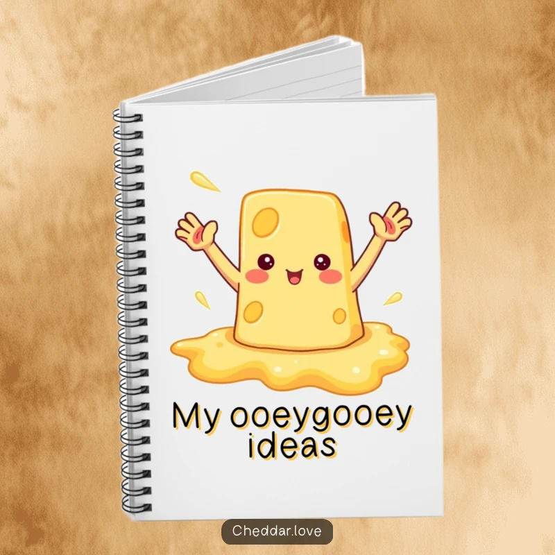 Funny notebook with a melted cheese puddle waving enthusiastically, perfect for note-taking with a cheerful twist.