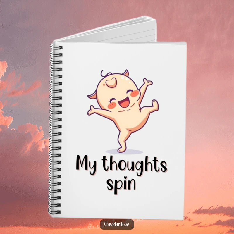 Funny notebook with a cheese character doing a cartwheel, great for jotting down creative ideas and daily thoughts.