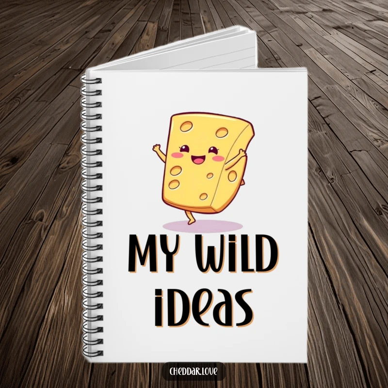 Funny cheese notebook, a smiling cheese slice captured mid-cartwheel, ideal for jotting down creative thoughts.