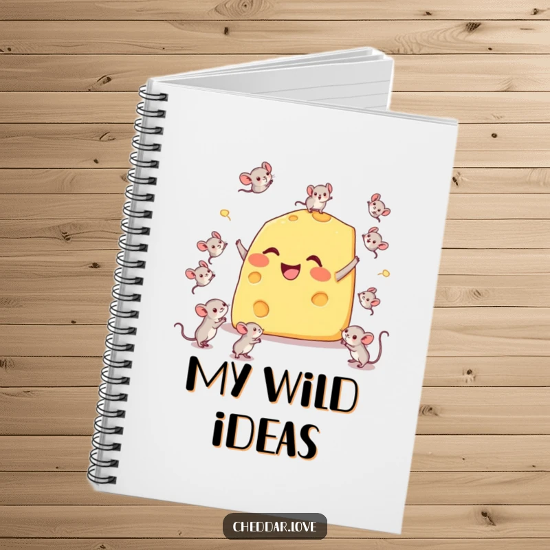 Funny notebook featuring a happy cheese wedge comically juggling tiny mice, perfect for jotting down amusing thoughts.