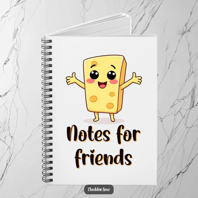Funny Notebook: A smiling cheese slice with open arms, perfect for jotting down notes with a friendly touch.