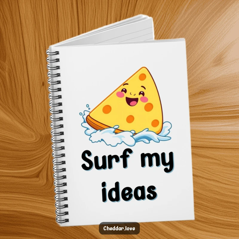 Funny Cheddar Cheese Notebook, a grinning wedge surfing a cheese wave, perfect for capturing adventurous ideas.