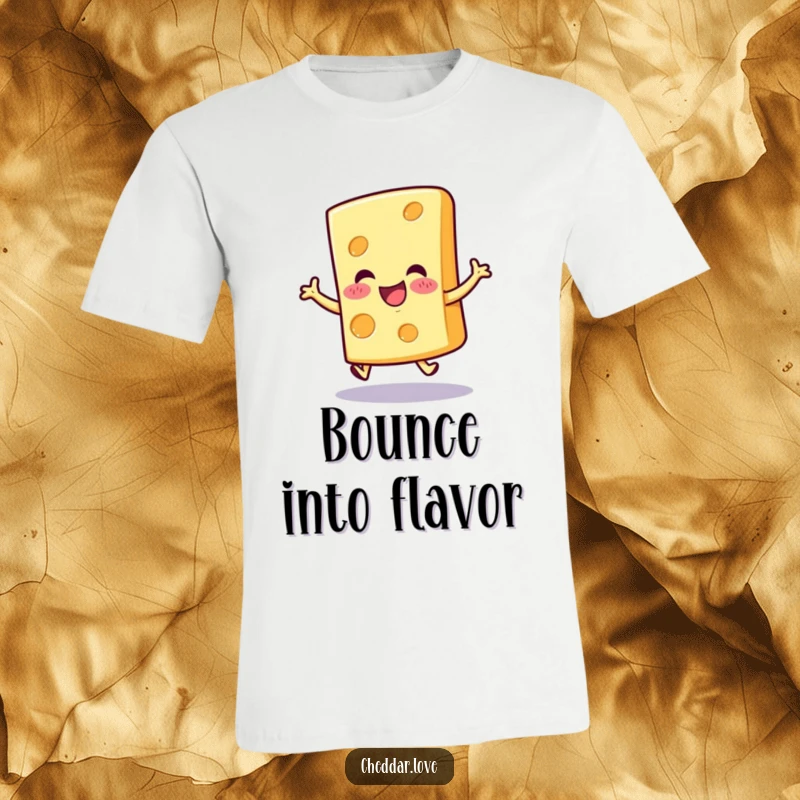 Funny cheerful cheese slice t-shirt, captured mid-hop with infectious excitement and a beaming smile.