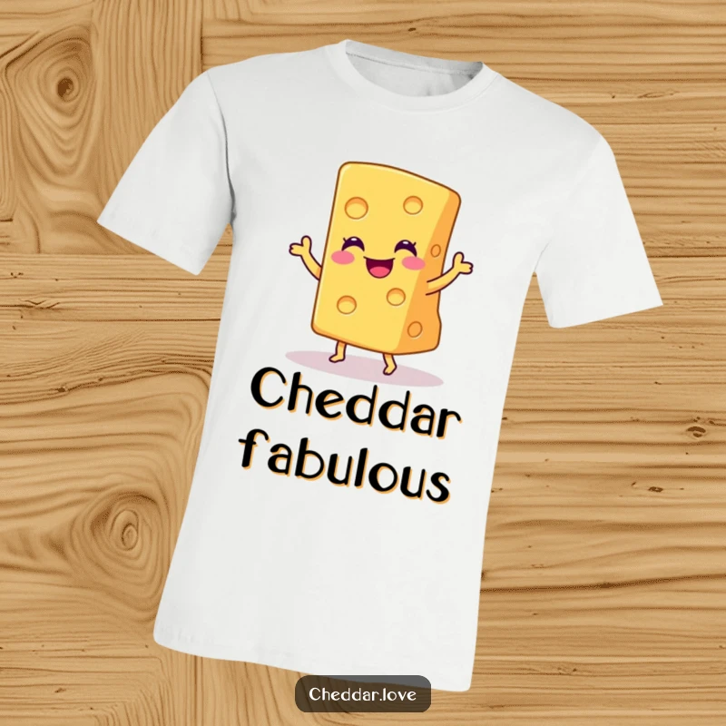 Funny t-shirt featuring a smiling wedge of cheddar cheese performing a joyful little dance with great enthusiasm.