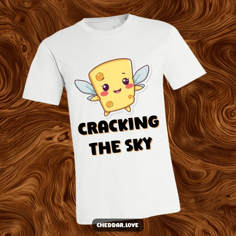 Funny t-shirt showing a smiling cheese character with cracker wings struggling to fly, embracing humorous effort.