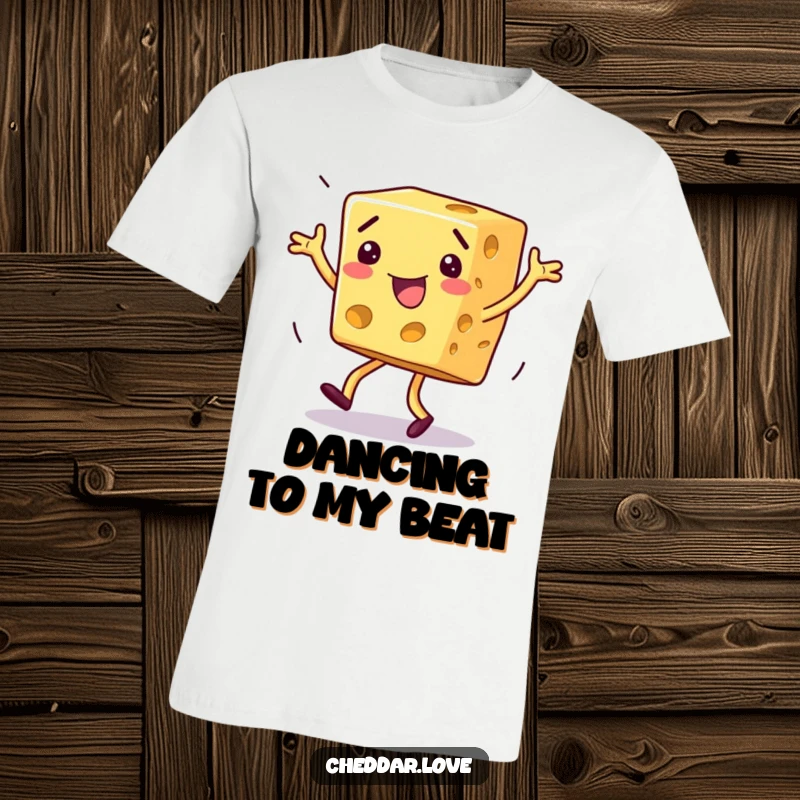 Funny dancing cheese t-shirt, a block of cheese performing exaggerated, silly dance moves with pure glee.