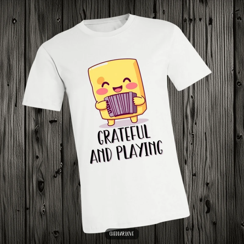 Funny cheese t-shirt featuring a smiling cheddar cheese playing an accordion, great for music and cheese enthusiasts.