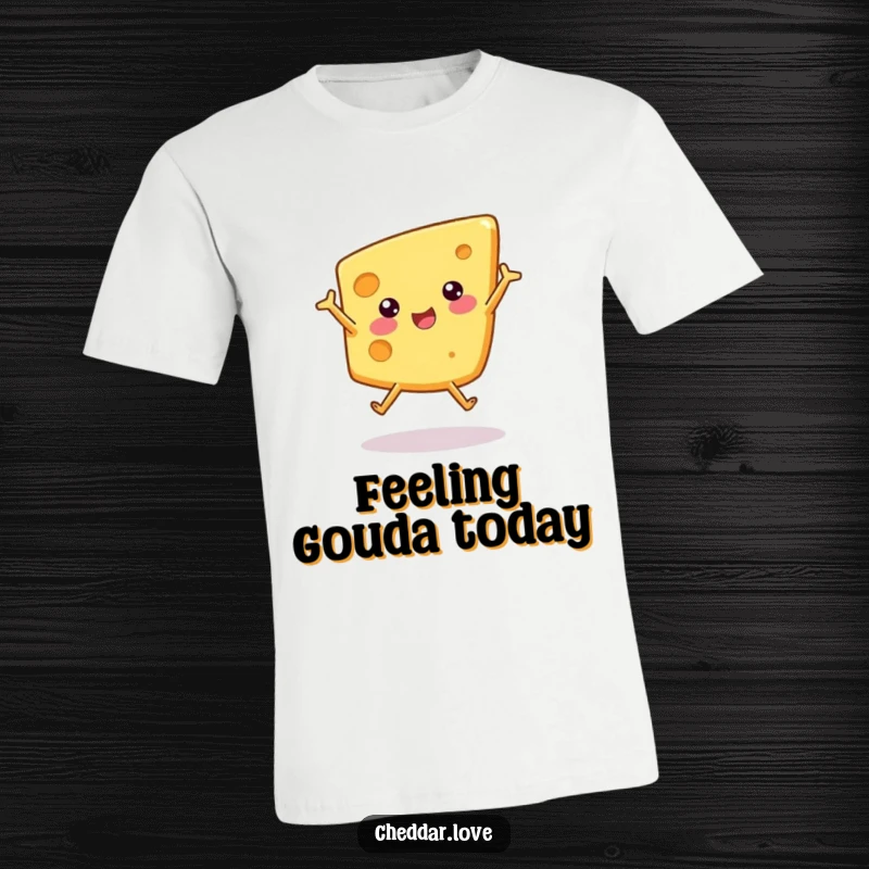Funny t-shirt showcasing a cheerful wedge of cheese with limbs enthusiastically performing a cartwheel, full of motion.