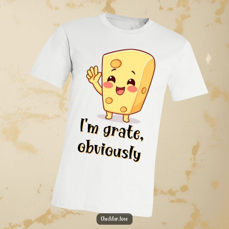 Funny cheese character cheering with a raised hand, looking happy and victorious on a t-shirt, ideal for a funny gift.