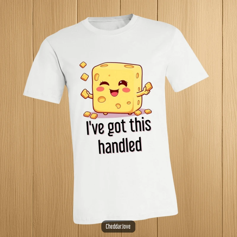 Funny t-shirt with a winking cheese cube confidently juggling several small crackers, looking quite pleased.