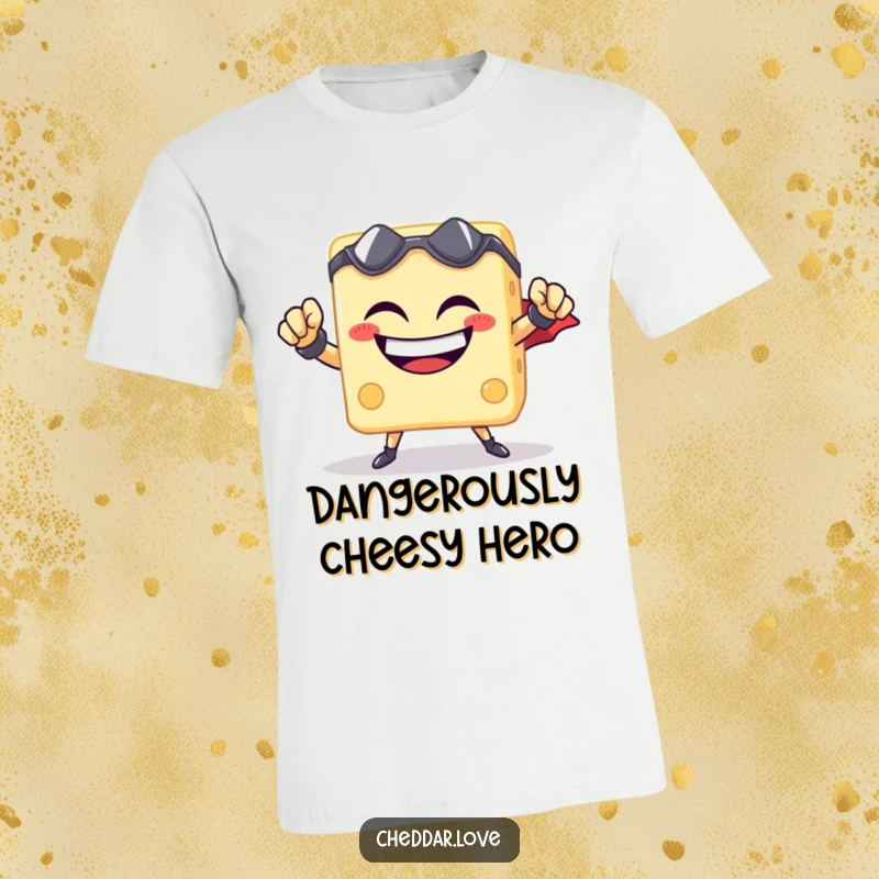 Funny cheese cube superhero t-shirt, grinning heroically, muscles flexed, ready for action, a cheesy champion.