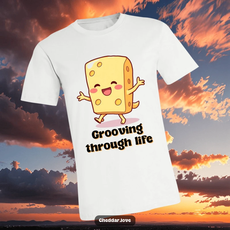 Funny t-shirt showcasing a smiling cheese slice doing a silly dance, radiating pure, uninhibited joy.