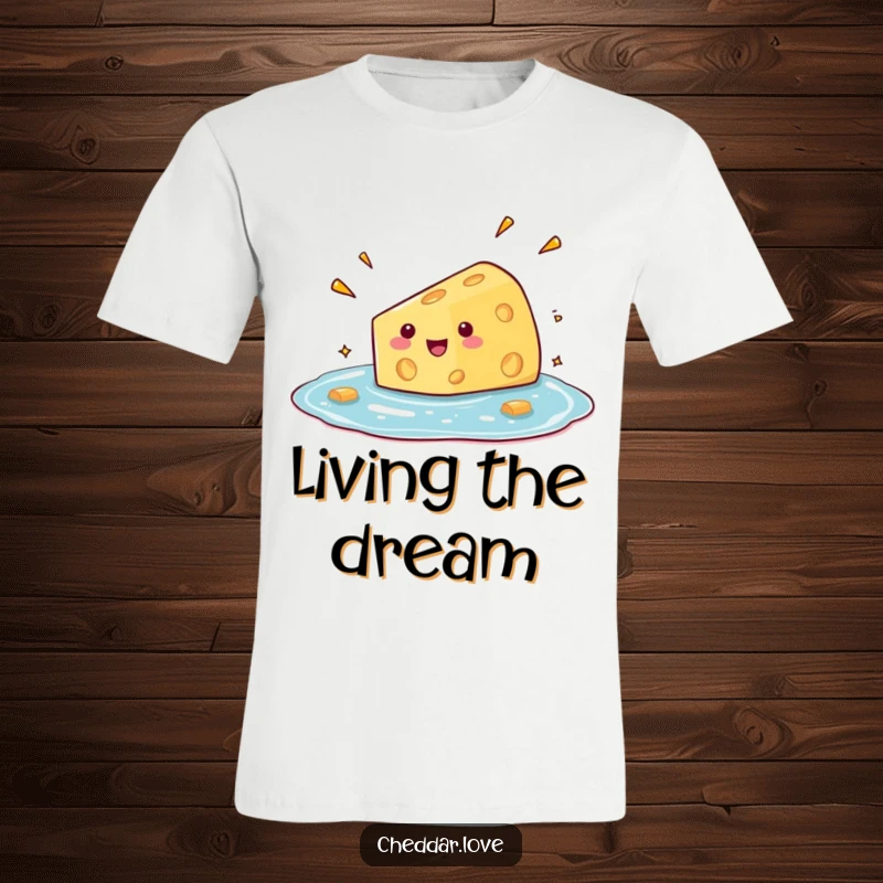 Funny t-shirt showcasing a wedge of cheese comically diving into a pool of metaphorical glee with a happy expression.