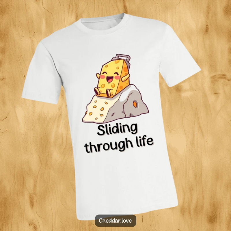 Funny Cheddar Cheese T-Shirt depicting a happy character sliding gleefully down a cheese grater mountain, full of zest.