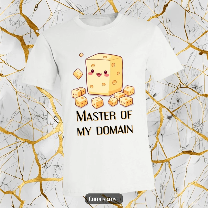 Funny t-shirt with a block of cheese enthusiastically juggling multiple small cheese cubes, a playful display of skill.