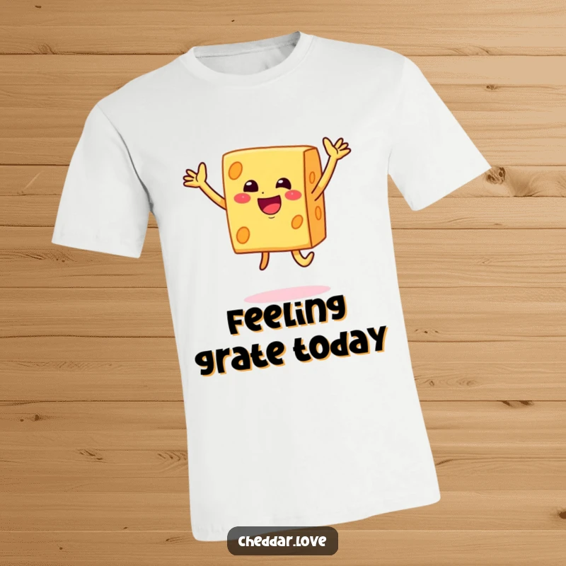 Funny smiley block of cheddar cheese captured mid-jump with pure joy in this humorous t-shirt.