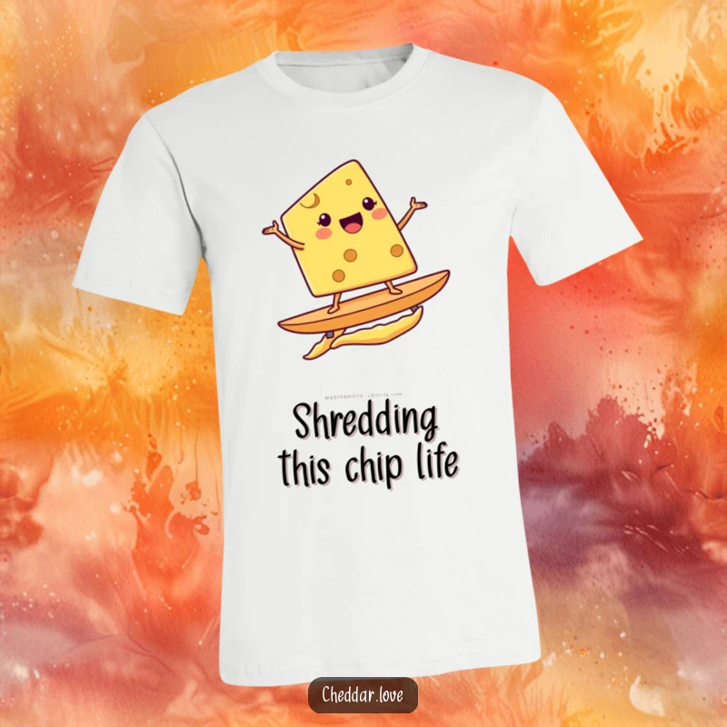 Funny t-shirt with a smiling cheese wedge excitedly surfing on a potato chip, conveying pure joy and adventure.