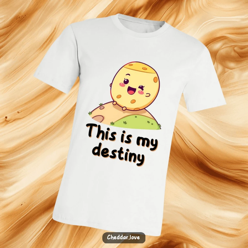 Funny cheese wheel t-shirt featuring a joyful rolling expression, embodying pure delight and cheesy fun, ideal for humorous apparel.
