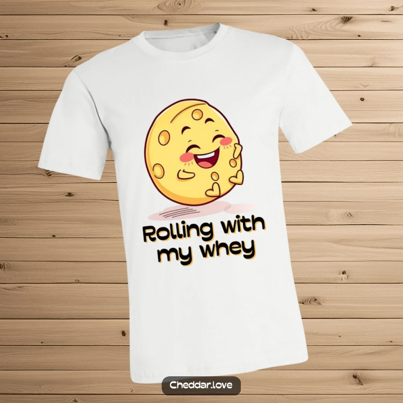 Funny t-shirt with a joyful cheese wheel rolling downhill with a mischievous grin, embodying pure fun and freedom.