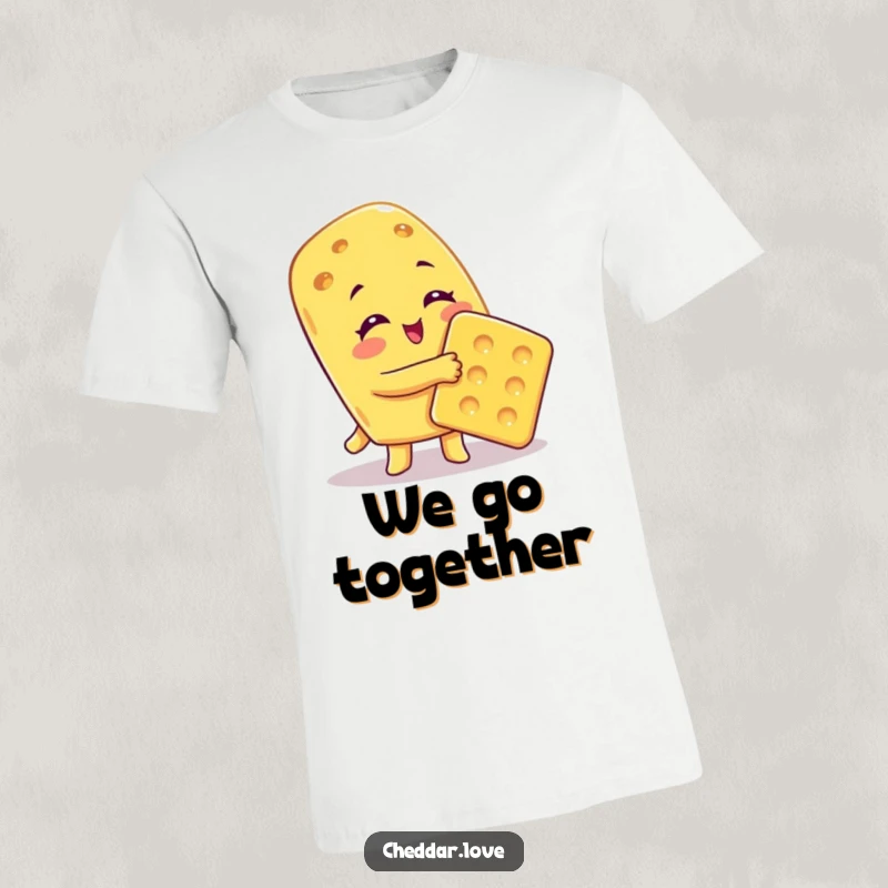 Funny T-Shirt showing a cheese character giving a big, loving hug to a cracker, symbolizing friendship.