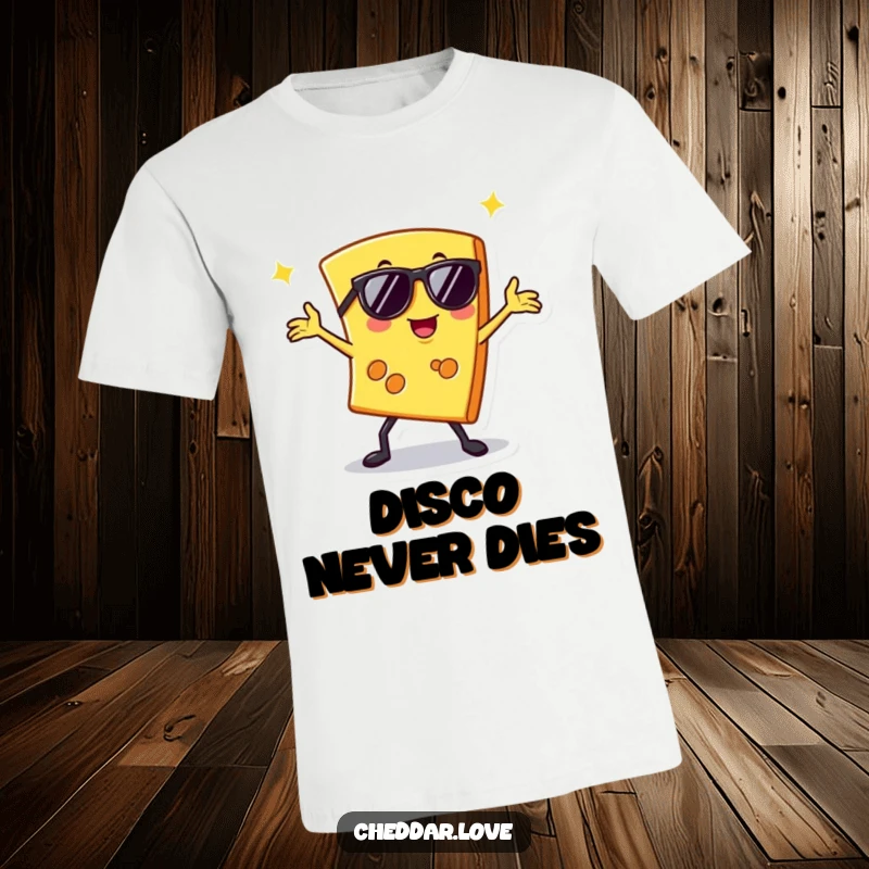 Funny t-shirt featuring a cool slice of cheese in sunglasses, busting out a classic disco dance pose.
