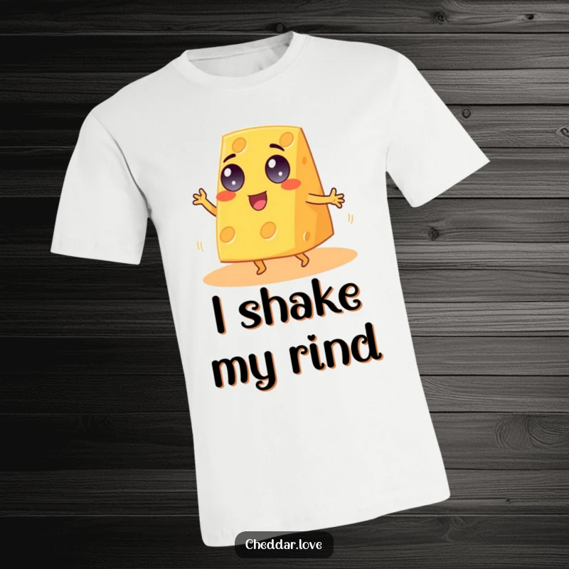 Funny Cheddar Cheese T-Shirt with googly eyes, captured mid-jig, radiating pure cheesy joy.