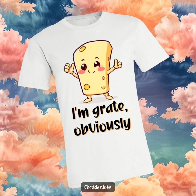 Funny t-shirt showcasing a happy cheese character in a heroic pose, embodying comical bravery and cheesy charm.