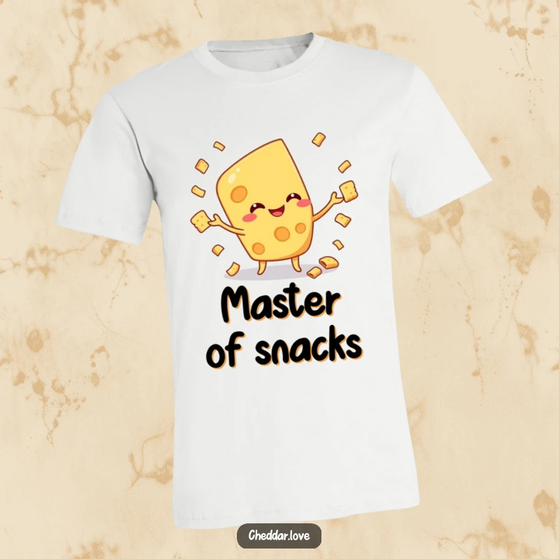 Funny t-shirt with a grinning cheese character balancing multiple tiny crackers in the air, highlighting dexterity and joy.