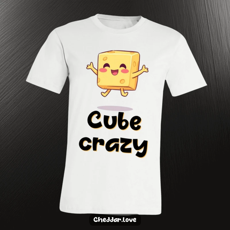 Funny happy cheese cube performing a playful jump on a comfortable and funny t-shirt.