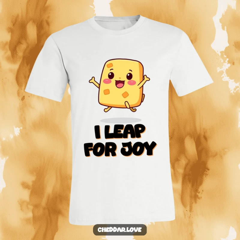 Funny T-Shirt showcasing an energetic piece of cheese with legs, enthusiastically jumping with pure glee.