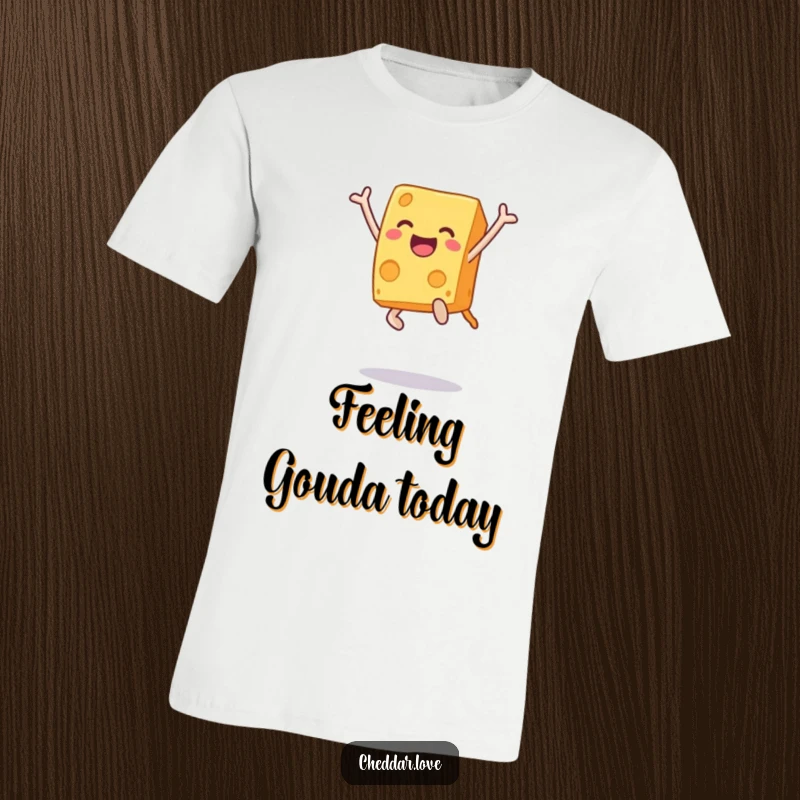 Funny t-shirt showcasing a jubilant cheese block leaping with excitement, embodying happiness. An ideal funny gift for cheese fans.
