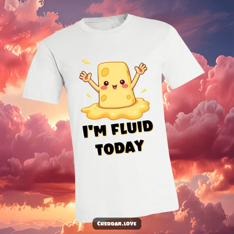 Funny t-shirt featuring a cheerful melted cheese puddle with arms waving enthusiastically, symbolizing warmth and fun.