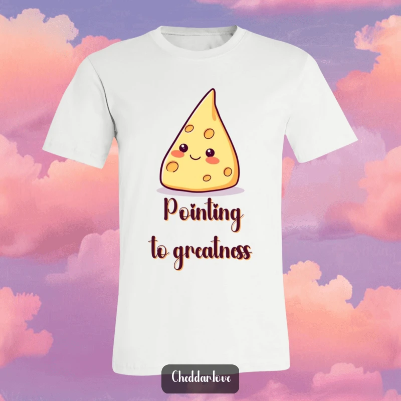 Funny smiling cheese wedge t-shirt, pointing upwards with enthusiasm, a symbol of ambition and cheesy determination.