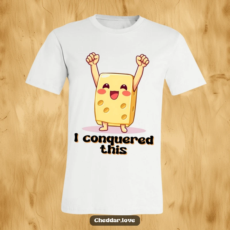 Funny cheese slice t-shirt, arms raised in a triumphant gesture, celebrating a personal victory with cheesy glee.