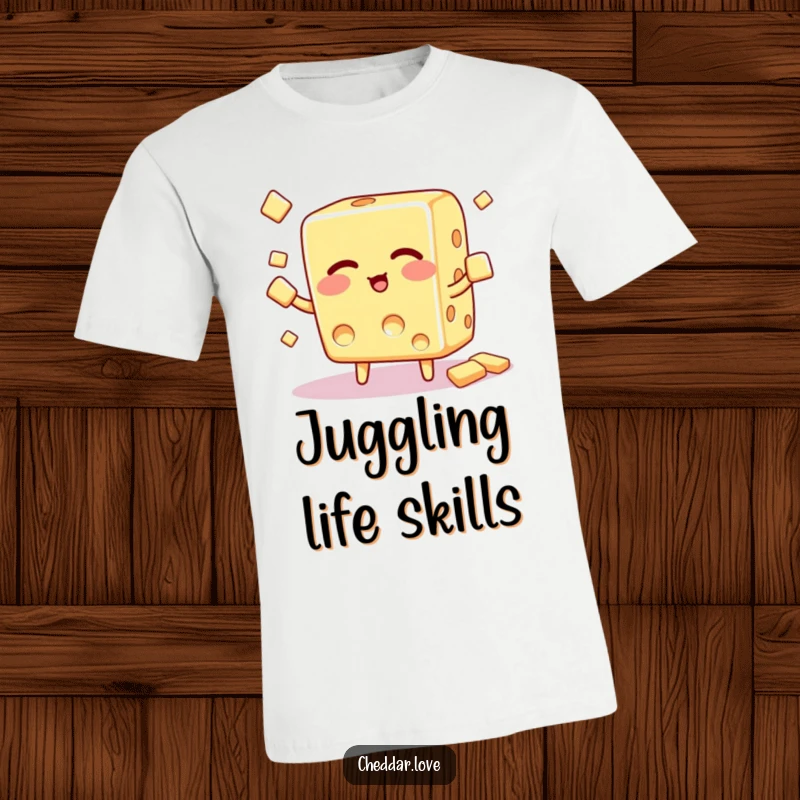 Funny T-Shirt: A winking cheese cube skillfully juggles small crackers, showcasing a fun and impressive talent.