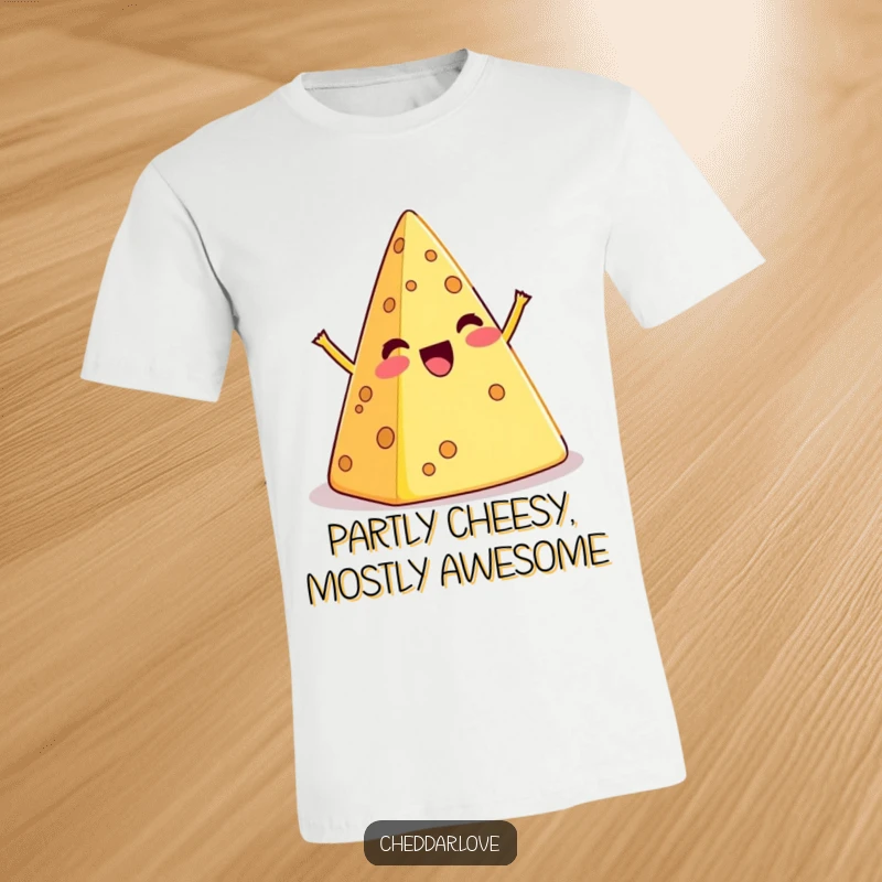 Funny t-shirt with a cartoon cheese pyramid in a playful, exaggerated wobble, perfect for cheese lovers.
