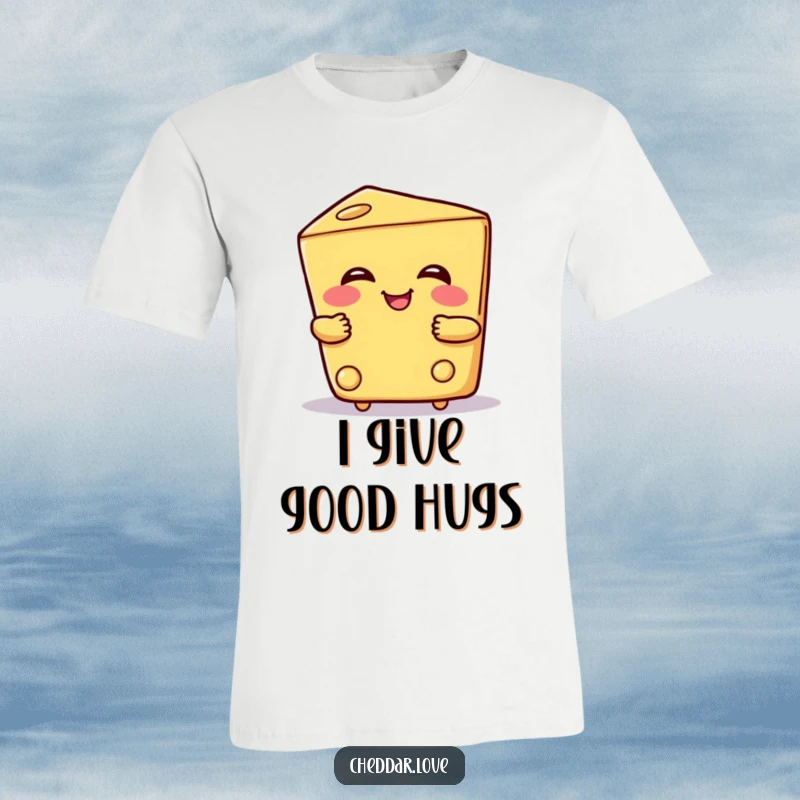 Funny t-shirt with a smiling cheese wedge character offering a warm, friendly hug, symbolizing kindness and cheesy cheer.