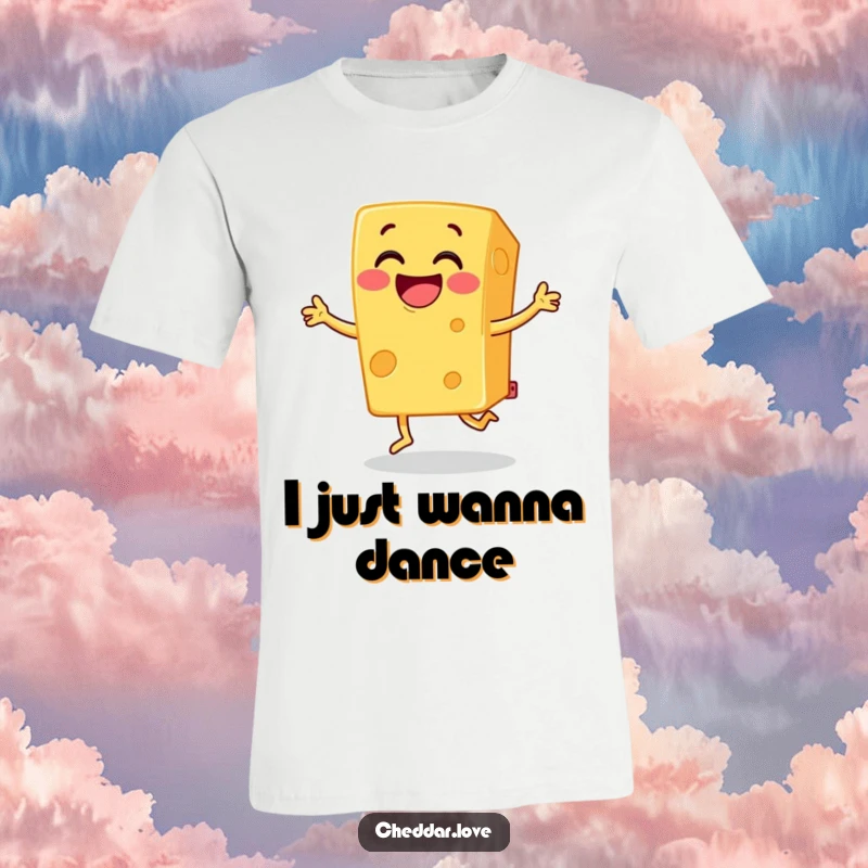 Funny cheddar cheese t-shirt, a block of grinning cheese doing a joyful jig, celebrating food and happiness.