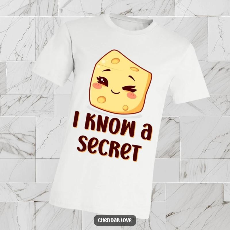 Funny T-Shirt showcasing a small piece of cheese with a mischievous grin, winking playfully and slyly.