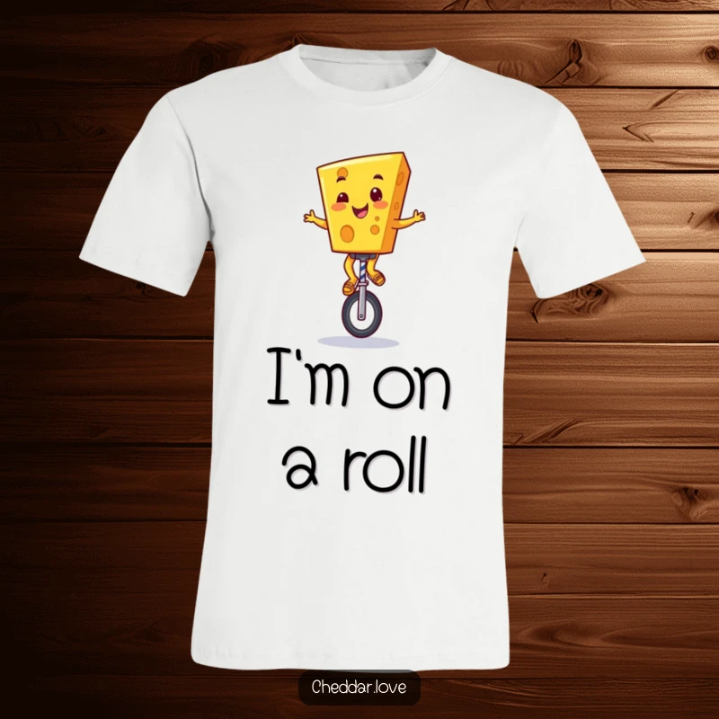 Funny Cheddar Cheese T-Shirt: A cheerful cartoon cheese character joyfully riding a unicycle with a massive grin, showcasing great balance.