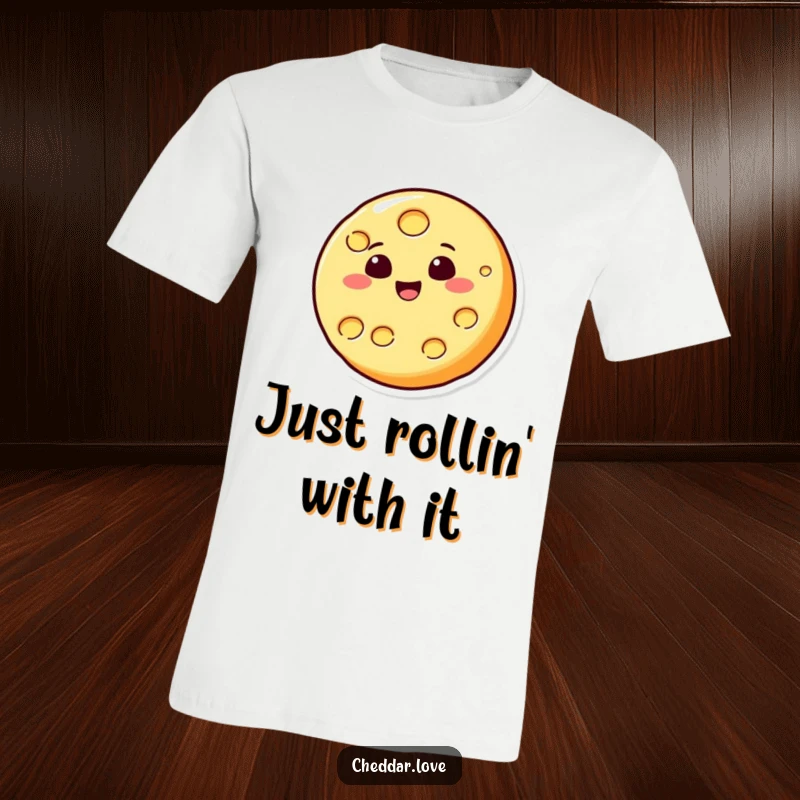 Funny bouncing cheese t-shirt with a circular cheese character gleefully bouncing like a happy ball, a must-have for cheese lovers.