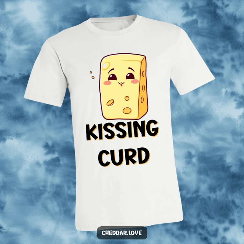 Funny grinning cheese wedge blowing a kiss on a comfortable and funny t-shirt.