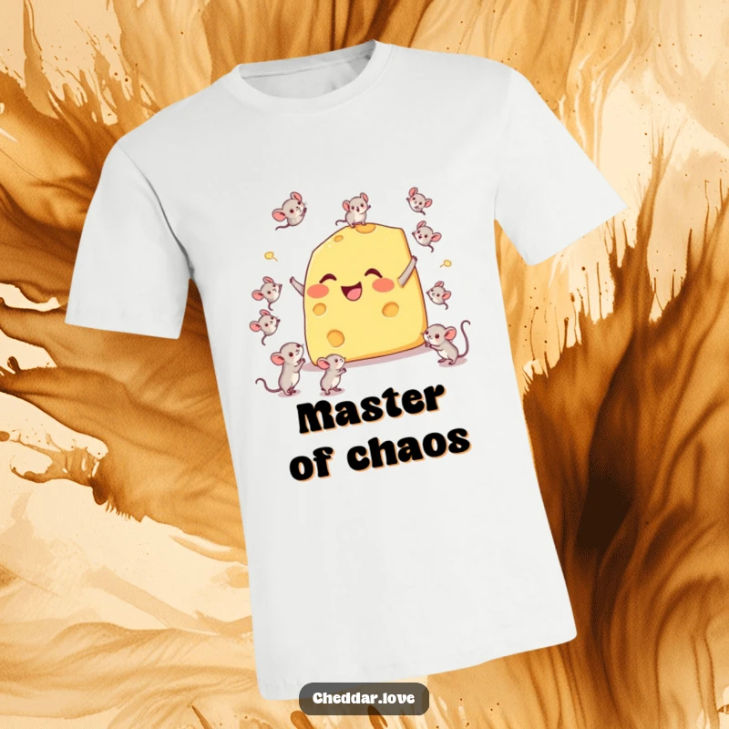 Funny t-shirt showing a happy cheese wedge comically juggling tiny mice, demonstrating a quirky talent and a lot of fun.