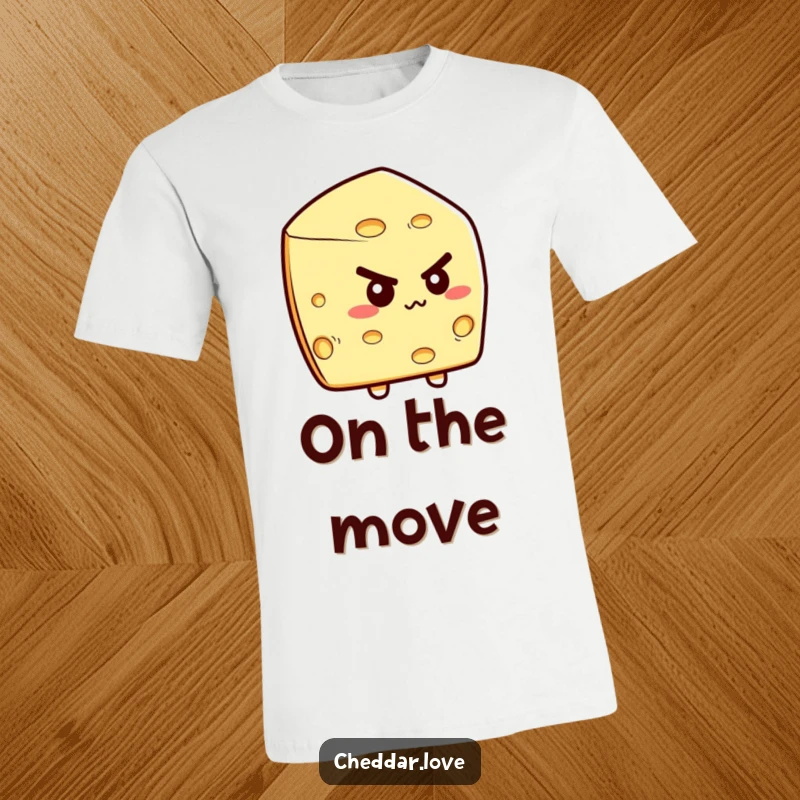 Funny t-shirt with a determined cheese wedge, radiating focus and readiness to move. A superb funny gift for go-getters.